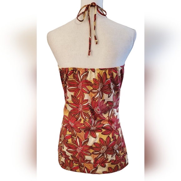 Eyeshadow Sleeveless Boho Halter Pink & Brown Floral Top Wood Bead Neck Size XL - Picture 2 of 6